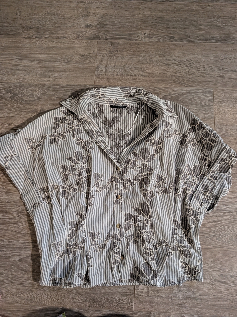 Relaxed Striped Floral Button-Up Top — Cream & Brown